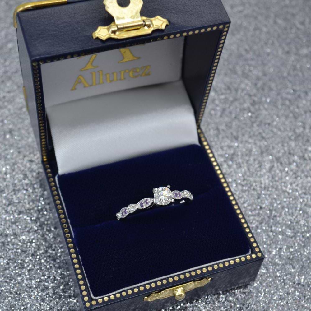 Marquise & Dot Diamond Amethyst Engagement Ring 18k White Gold 0.24ct
